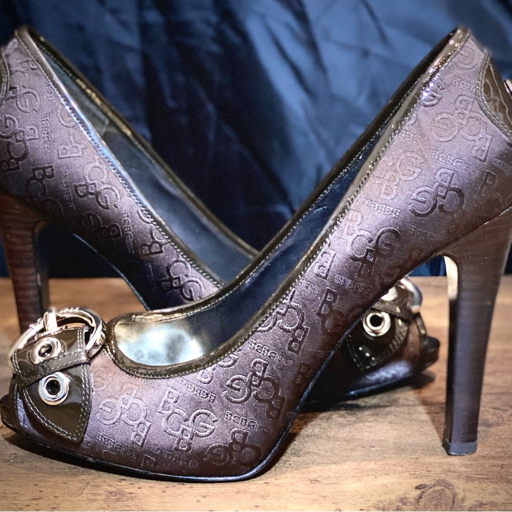 BCBGeneration Brown Logo-Embossed Peep-Toe High Heels with Buckle Detail